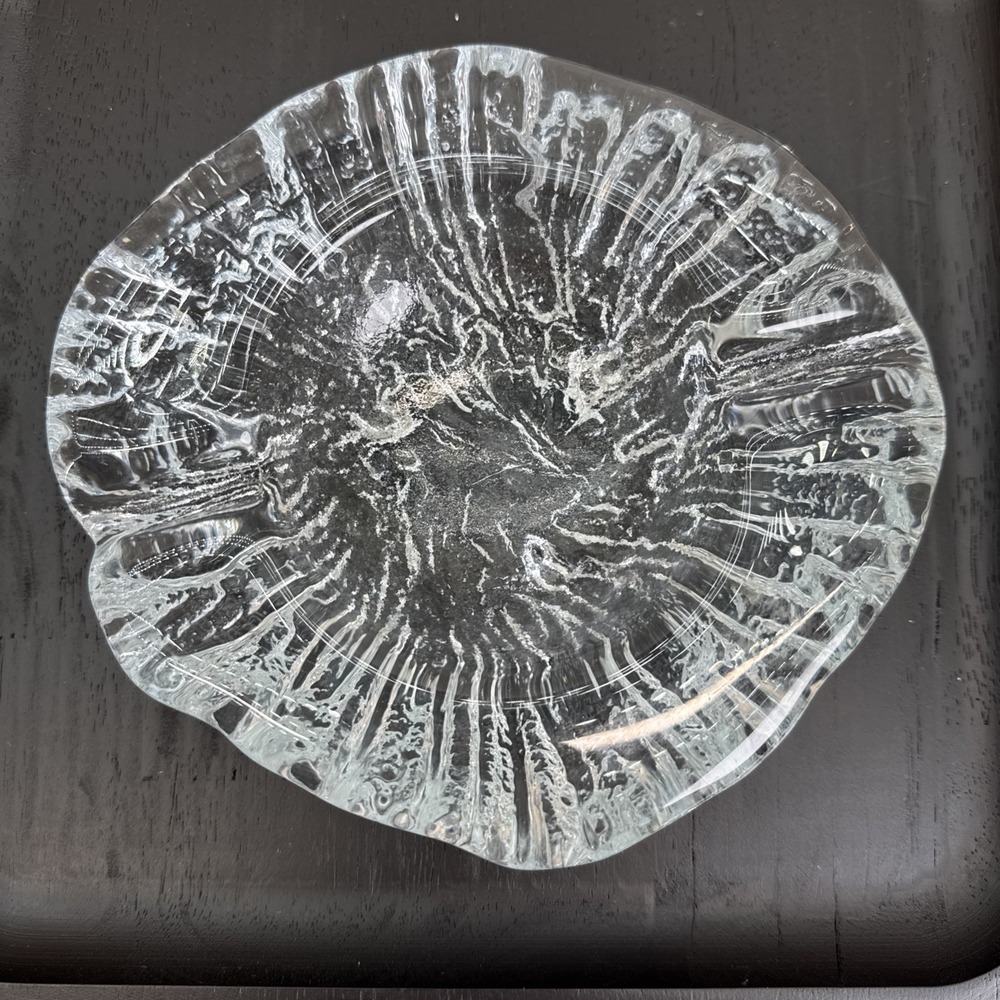 Blenko Ice Bark Ashtray/Bowl Clear Textured Glass Footed Vintage MCM 7" EUC